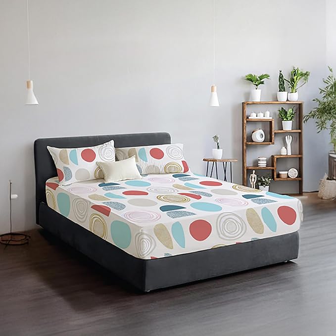 3-PCS 100% Egyptian Cotton 30cm Deep Printed Fitted Sheet + 2 Pillowcase SET